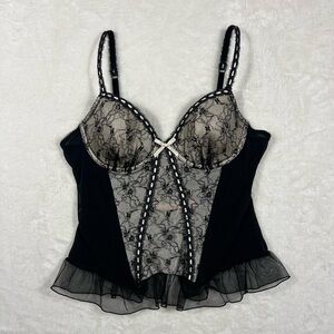 Sophie B. Black and Cream Lace Bow Peplum Ruffle Chemise